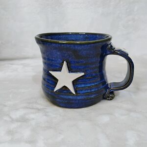 Pottery Mug Coffee Tea Cup Handmade Blue Glaze White Stars USA Patriotic